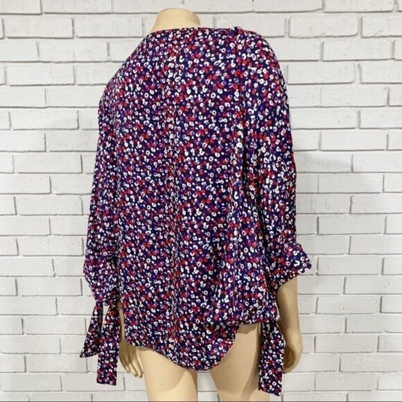 Derek Lam Silk Poppy Print Blouse Size 14 NWT – Raglan Tie‑Cuff Made in Italy - Picture 7 of 12